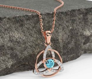 Diamond Aquamarine Rose Gold Celtic Trinity Knot Necklace