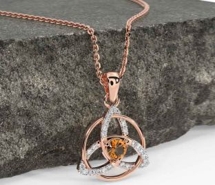 Diamond Citrine Rose Gold Celtic Trinity Knot Necklace