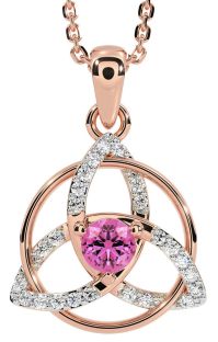 Diamond Pink Tourmaline Rose Gold Celtic Trinity Knot Necklace