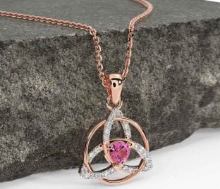 Diamond Pink Tourmaline Rose Gold Celtic Trinity Knot Necklace