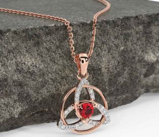 Diamond Ruby Rose Gold Celtic Trinity Knot Necklace