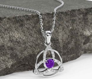 Diamond Amethyst Silver Celtic Trinity Knot Necklace