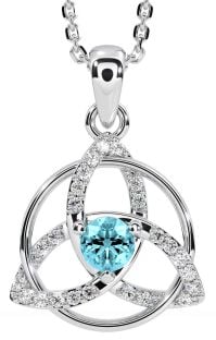 Diamond Aquamarine Silver Celtic Trinity Knot Necklace