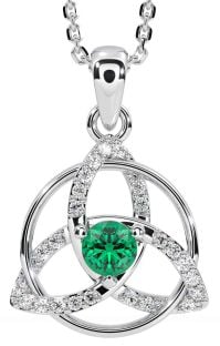 Diamond Emerald Silver Celtic Trinity Knot Necklace