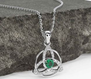 Diamond Emerald Silver Celtic Trinity Knot Necklace