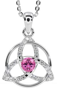 Diamond Pink Tourmaline Silver Celtic Trinity Knot Necklace