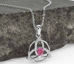 Diamond Pink Tourmaline Silver Celtic Trinity Knot Necklace