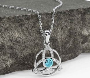 Diamond Aquamarine White Gold Celtic Trinity Knot Necklace