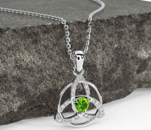 Diamond Peridot White Gold Celtic Trinity Knot Necklace