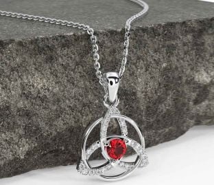 Diamond Ruby White Gold Celtic Trinity Knot Necklace