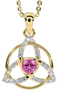 Diamond Pink Tourmaline Gold Celtic Trinity Knot Necklace