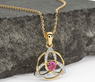 Diamond Pink Tourmaline Gold Celtic Trinity Knot Necklace