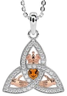 Diamond Citrine Rose Gold Silver Claddagh Trinity knot Necklace