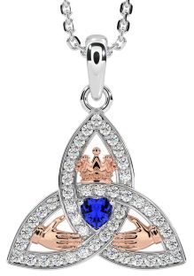 Diamond Sapphire Rose Gold Silver Claddagh Trinity knot Necklace