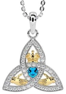 Diamond Topaz Gold Silver Claddagh Trinity knot Necklace