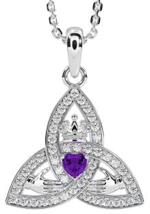 Diamond Amethyst Silver Claddagh Trinity knot Necklace