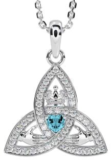 Diamond Aquamarine Silver Claddagh Trinity knot Necklace