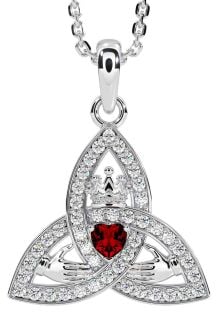 Diamond Garnet Silver Claddagh Trinity knot Necklace