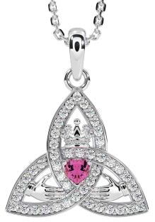 Diamond Pink Tourmaline Silver Claddagh Trinity knot Necklace