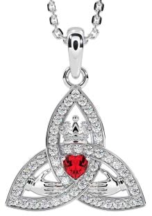 Diamond Ruby Silver Claddagh Trinity knot Necklace