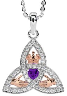 Diamond Amethyst Rose Gold Silver Claddagh Trinity knot Necklace