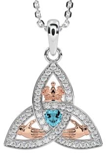 Diamond Aquamarine Rose Gold Silver Claddagh Trinity knot Necklace