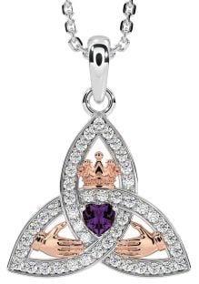 Diamond Alexandrite Rose Gold Silver Claddagh Trinity knot Necklace