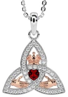 Diamond Garnet Rose Gold Silver Claddagh Trinity knot Necklace