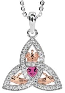 Diamond Pink Tourmaline Rose Gold Silver Claddagh Trinity knot Necklace