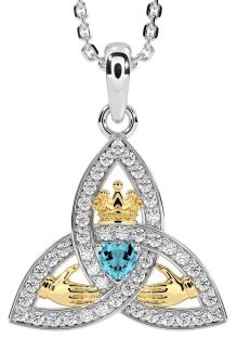 Diamond Aquamarine Gold Silver Claddagh Trinity knot Necklace