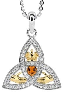 Diamond Citrine Gold Silver Claddagh Trinity knot Necklace