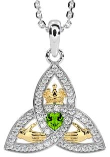 Diamond Peridot Gold Silver Claddagh Trinity knot Necklace