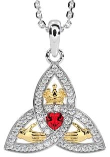 Diamond Ruby Gold Silver Claddagh Trinity knot Necklace