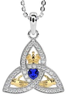 Diamond Sapphire Gold Silver Claddagh Trinity knot Necklace