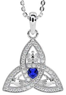 Diamond Sapphire White Gold Claddagh Trinity knot Necklace