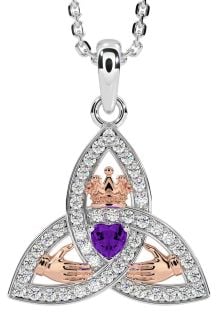 Diamond Amethyst White Rose Gold Claddagh Trinity knot Necklace