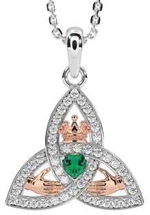 Diamond Emerald White Rose Gold Claddagh Trinity knot Necklace