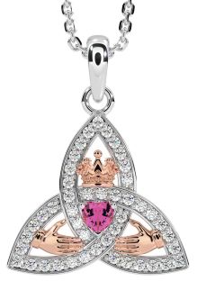 Diamond Pink Tourmaline White Rose Gold Claddagh Trinity knot Necklace