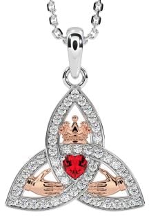 Diamond Ruby White Rose Gold Claddagh Trinity knot Necklace