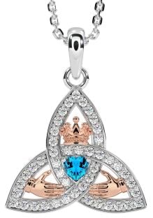 Diamond Topaz White Rose Gold Claddagh Trinity knot Necklace