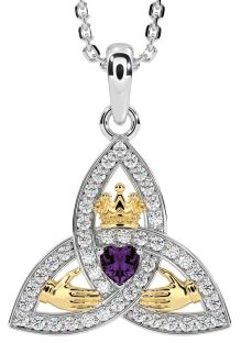 Diamond Alexandrite White Yellow Gold Claddagh Trinity knot Necklace