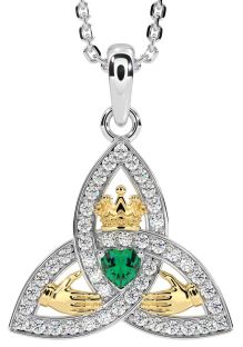 Diamond Emerald White Yellow Gold Claddagh Trinity knot Necklace