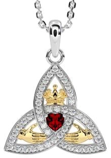 Diamond Garnet White Yellow Gold Claddagh Trinity knot Necklace