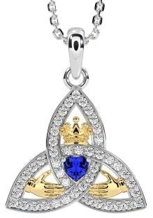 Diamond Sapphire White Yellow Gold Claddagh Trinity knot Necklace