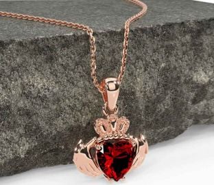 Garnet Rose Gold Silver Claddagh Necklace