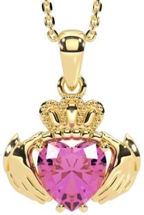 Pink Tourmaline Gold Silver Claddagh Necklace