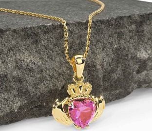 Pink Tourmaline Gold Silver Claddagh Necklace