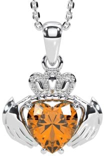 Citrine White Gold Claddagh Necklace