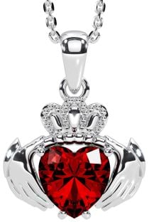 Garnet White Gold Claddagh Necklace