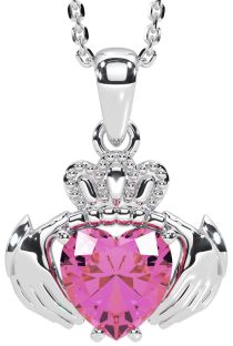Pink Tourmaline White Gold Claddagh Necklace